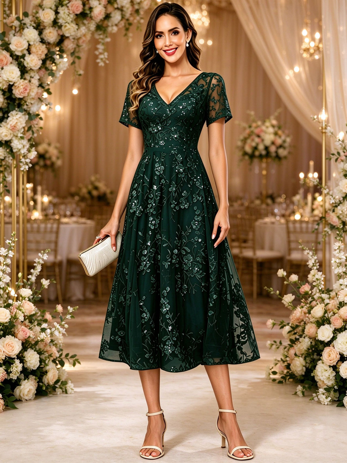 Sparkly Lace Tea Length Mother of The Bride Dresses with Shot Sleeves