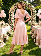 V Neck Tea Length Mother of The Bride Dresses with Sleeves Ruched Chiffon Evening Gown