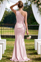 One Shoulder Satin Bridesmaid Dresses Ruched Mermaid Prom Dress
