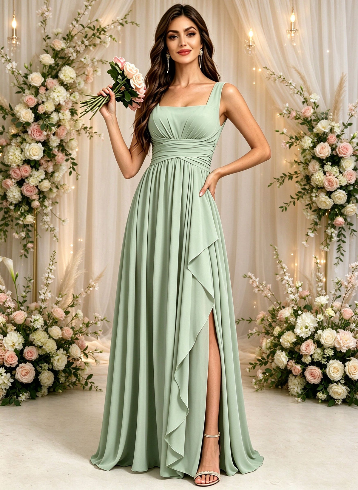 Square Neck Bridesmaid Dresses with Slit Ruched Empire Waist Long Formal Dress