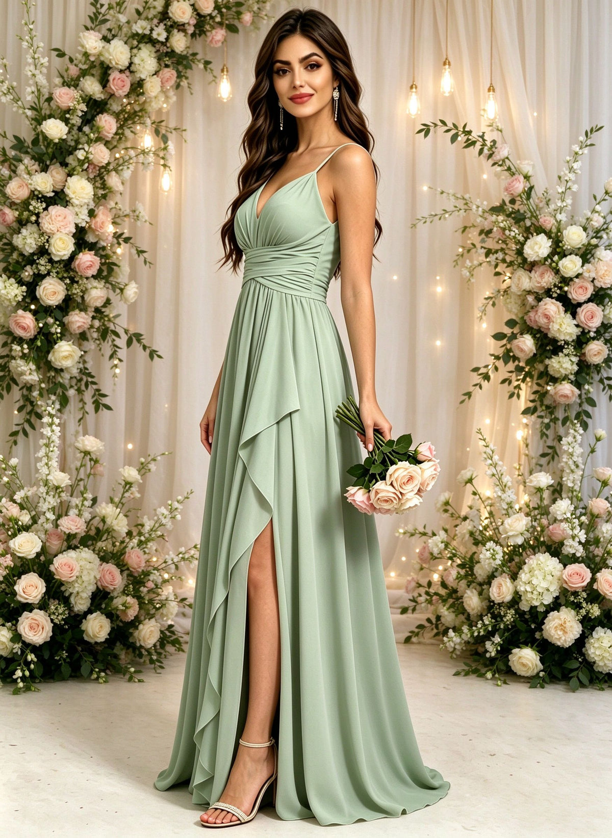 Spaghetti Straps V Neck Bridesmaid Dresses with Slit