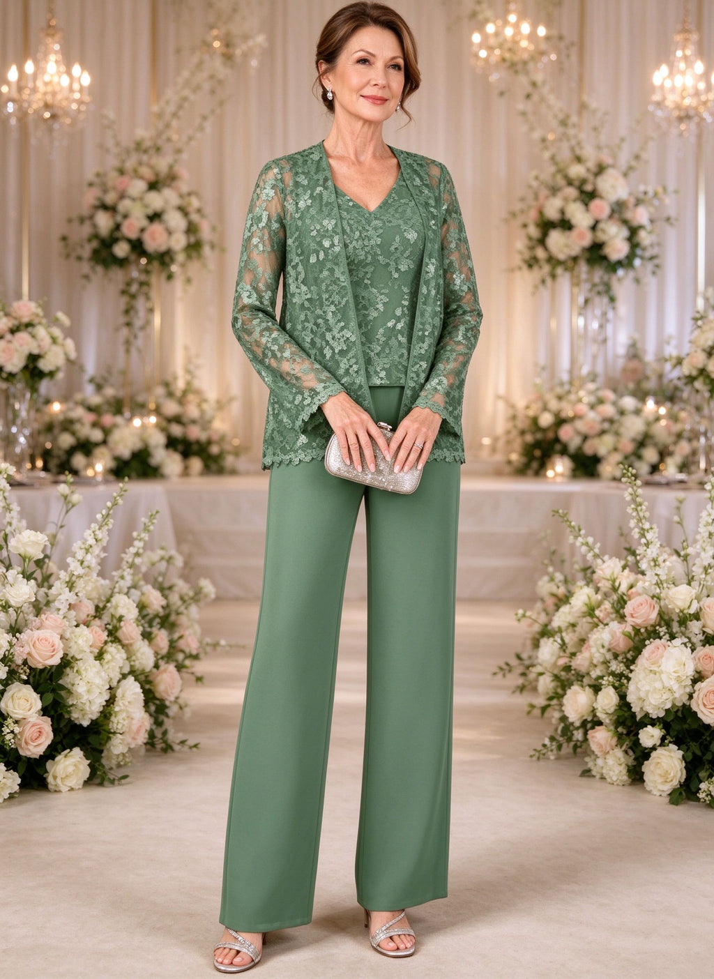 3 Pieces Lace Mother of The Bride Pant Suit