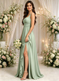 Square Neck Bridesmaid Dresses with Slit Ruched Empire Waist Long Formal Dress