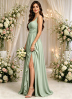 Square Neck Bridesmaid Dresses with Slit Ruched Empire Waist Long Formal Dress
