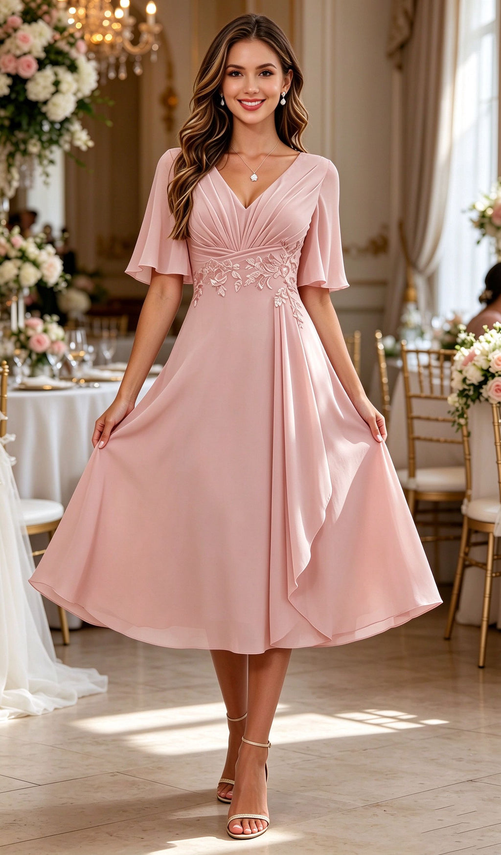 V Neck Tea Length Mother of The Bride Dresses with Sleeves Ruched Chiffon Evening Gown