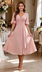 V Neck Tea Length Mother of The Bride Dresses with Sleeves Ruched Chiffon Evening Gown