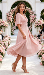 V Neck Tea Length Mother of The Bride Dresses with Sleeves Ruched Chiffon Evening Gown