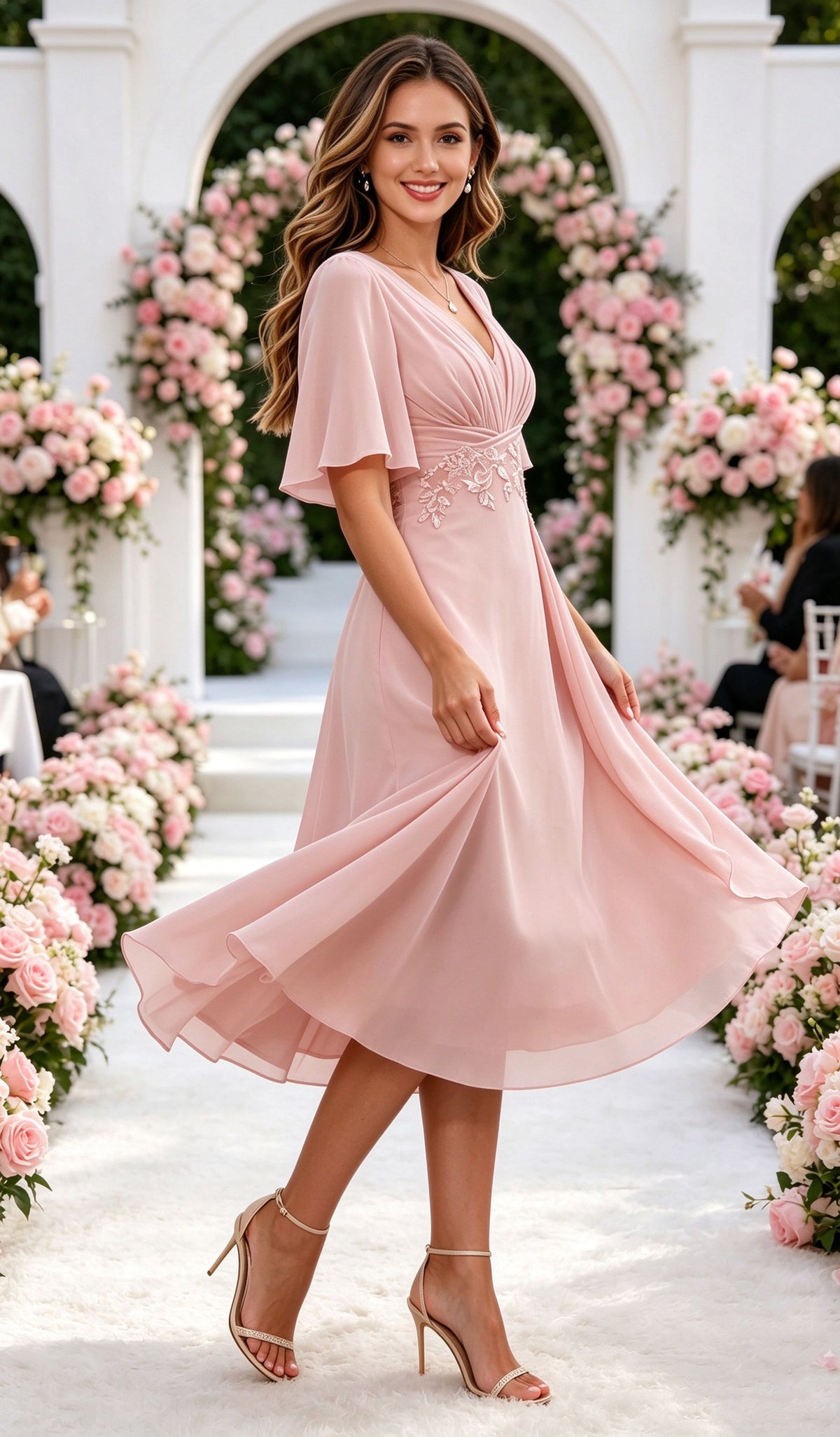 V Neck Tea Length Mother of The Bride Dresses with Sleeves Ruched Chiffon Evening Gown