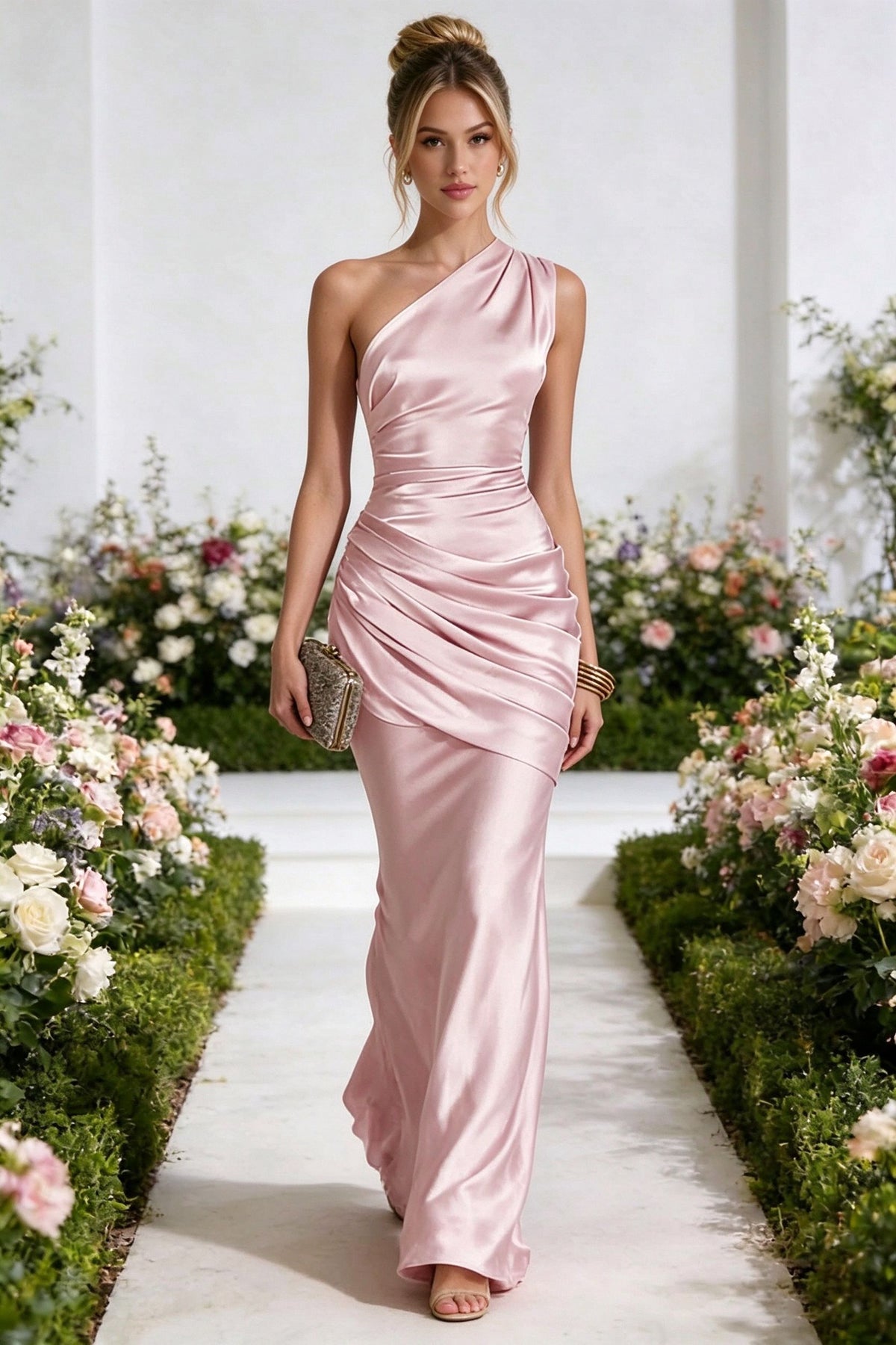 One Shoulder Satin Bridesmaid Dresses Ruched Mermaid Prom Dress
