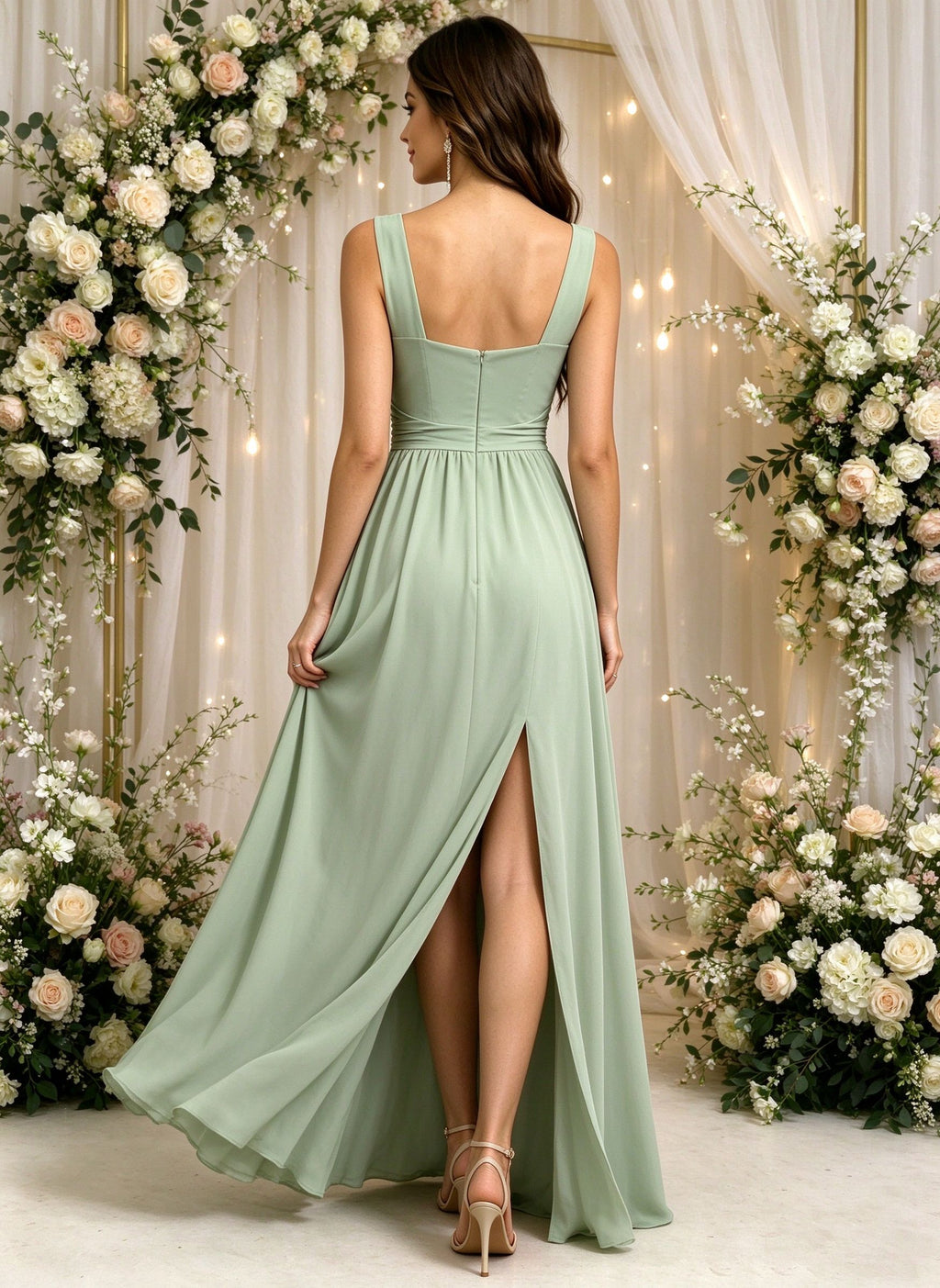 Square Neck Bridesmaid Dresses with Slit Ruched Empire Waist Long Formal Dress