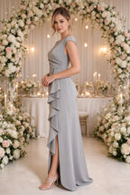 Satin Mermaid Formal Dress Side Slit Boat Neck Mother Of The Bride Dress