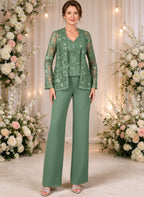3 Pieces Lace Mother of The Bride Pant Suit