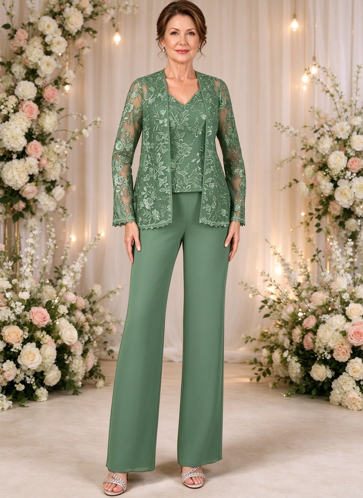 3 Pieces Lace Mother of The Bride Pant Suit