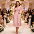 V Neck Tea Length Mother of The Bride Dresses with Sleeves Ruched Chiffon Evening Gown