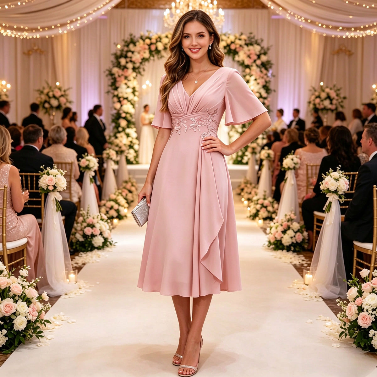 V Neck Tea Length Mother of The Bride Dresses with Sleeves Ruched Chiffon Evening Gown