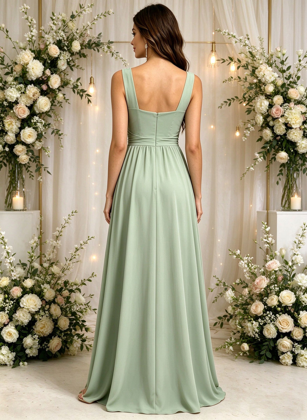 Square Neck Bridesmaid Dresses with Slit Ruched Empire Waist Long Formal Dress