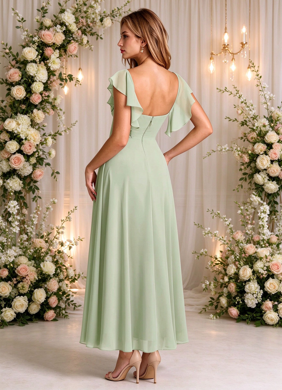 Flutter Sleeves Tea Length Bridesmaid Dresses Square Neck Midi Party Dress