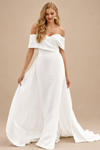 Rutipo Ivory Classic Off-the-Shoulder Stretch Fit & Flare Wedding Dress with Detachable Train
