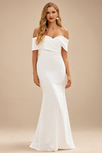 Rutipo Ivory Classic Off-the-Shoulder Stretch Fit & Flare Wedding Dress with Detachable Train
