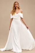 Rutipo Ivory Classic Off-the-Shoulder Stretch Fit & Flare Wedding Dress with Detachable Train