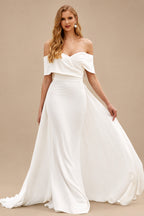 Rutipo Ivory Classic Off-the-Shoulder Stretch Fit & Flare Wedding Dress with Detachable Train