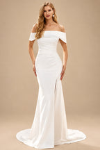 Rutipo Ivory Simple Mermaid Off-the-Shoulder Draped Stretch Crepe Court Train Wedding Dress with Slit Pleats