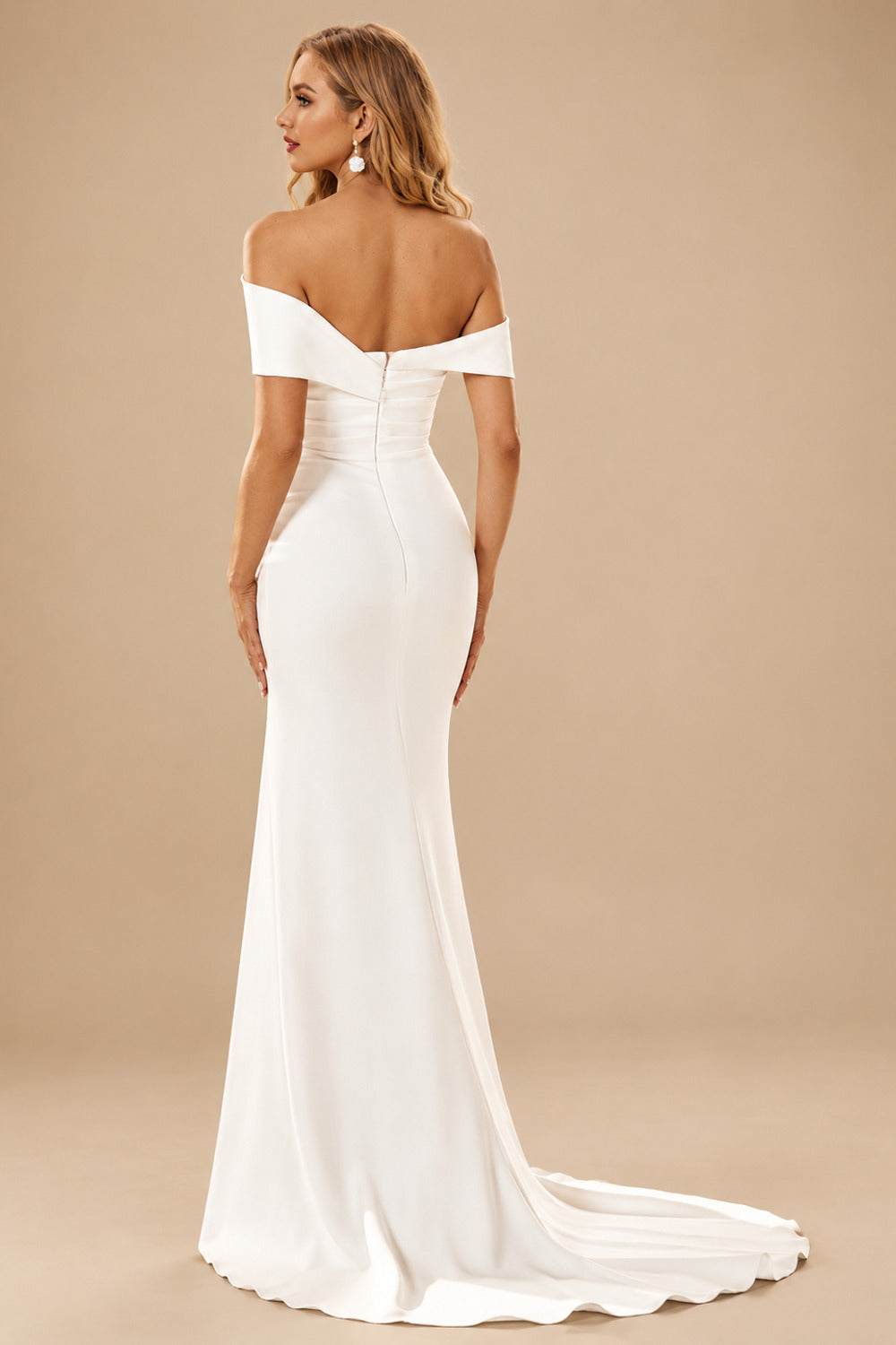 Rutipo Ivory Simple Mermaid Off-the-Shoulder Draped Stretch Crepe Court Train Wedding Dress with Slit Pleats