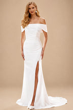 Rutipo Ivory Simple Mermaid Off-the-Shoulder Draped Stretch Crepe Court Train Wedding Dress with Slit Pleats