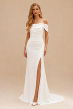 Rutipo Ivory Simple Mermaid Off-the-Shoulder Draped Stretch Crepe Court Train Wedding Dress with Slit Pleats