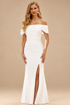 Rutipo Ivory Simple Mermaid Off-the-Shoulder Draped Stretch Crepe Court Train Wedding Dress with Slit Pleats