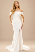 Rutipo Ivory Simple Mermaid Off-the-Shoulder Draped Stretch Crepe Court Train Wedding Dress with Slit Pleats