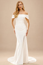 Rutipo Ivory Simple Mermaid Off-the-Shoulder Draped Stretch Crepe Court Train Wedding Dress with Slit Pleats