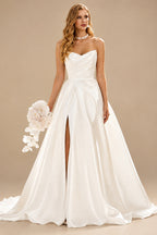 Rutipo Ivory Romantic A-line Pleated V Neck Court Train Mikado Strapless Ball Gown Wedding Dress with Slit