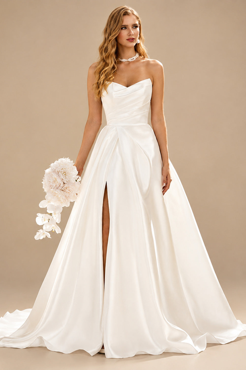 Rutipo Ivory Romantic A-line Pleated V Neck Court Train Mikado Strapless Ball Gown Wedding Dress with Slit