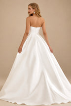 Rutipo Ivory Romantic A-line Pleated V Neck Court Train Mikado Strapless Ball Gown Wedding Dress with Slit