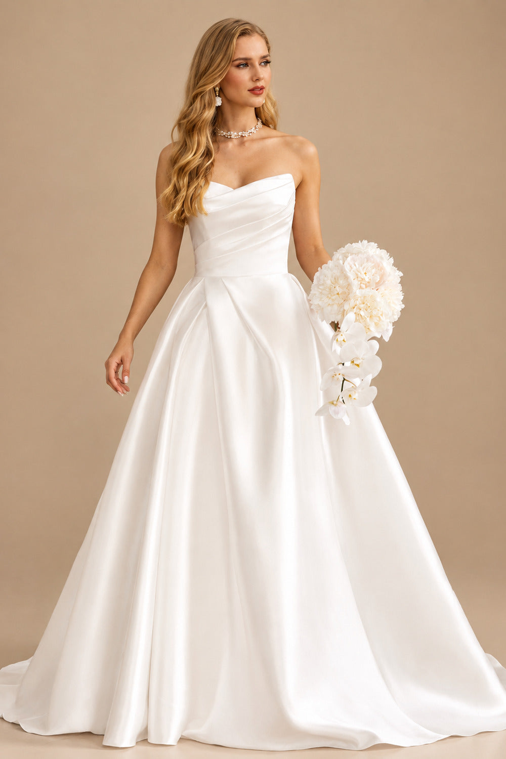 Rutipo Ivory Romantic A-line Pleated V Neck Court Train Mikado Strapless Ball Gown Wedding Dress with Slit