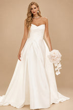 Rutipo Ivory Romantic A-line Pleated V Neck Court Train Mikado Strapless Ball Gown Wedding Dress with Slit