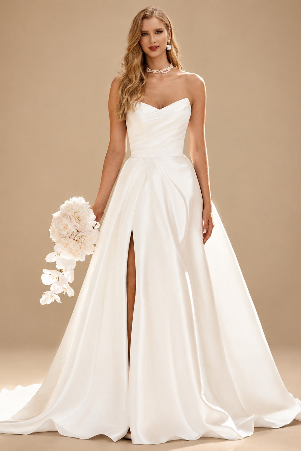 Rutipo Ivory Romantic A-line Pleated V Neck Court Train Mikado Strapless Ball Gown Wedding Dress with Slit