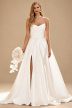 Rutipo Ivory Romantic A-line Pleated V Neck Court Train Mikado Strapless Ball Gown Wedding Dress with Slit