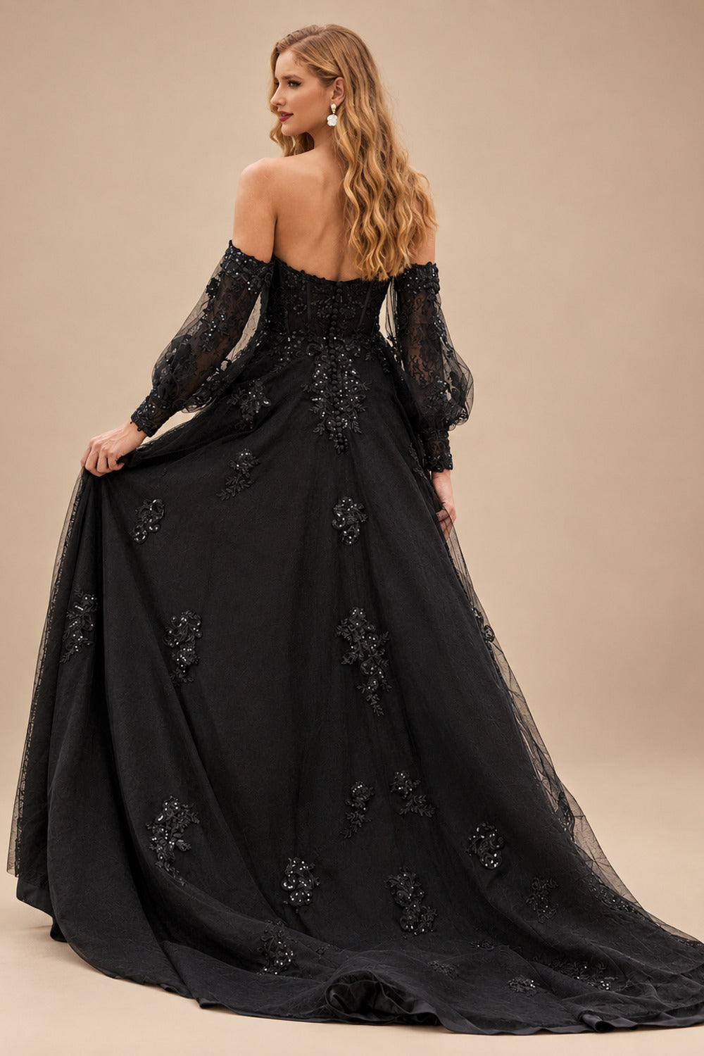 Rutipo Black Gorgeous A-line Corset Tulle Court Train Wedding Dress with Beaded Lace Detachable Bishop Sleeves
