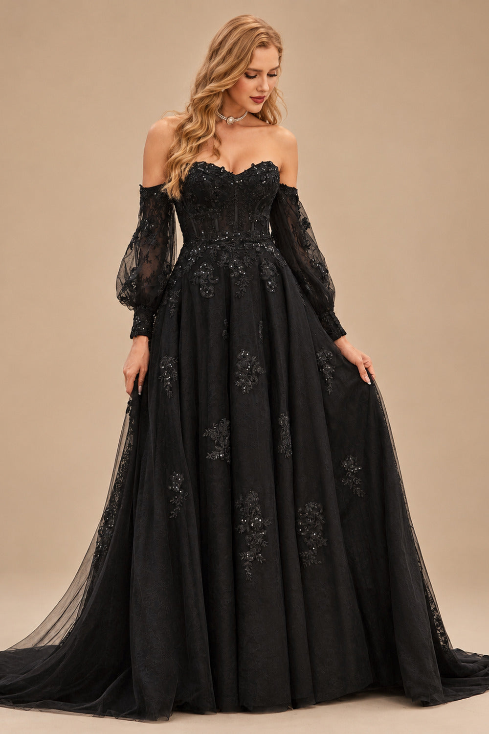 Rutipo Black Gorgeous A-line Corset Tulle Court Train Wedding Dress with Beaded Lace Detachable Bishop Sleeves