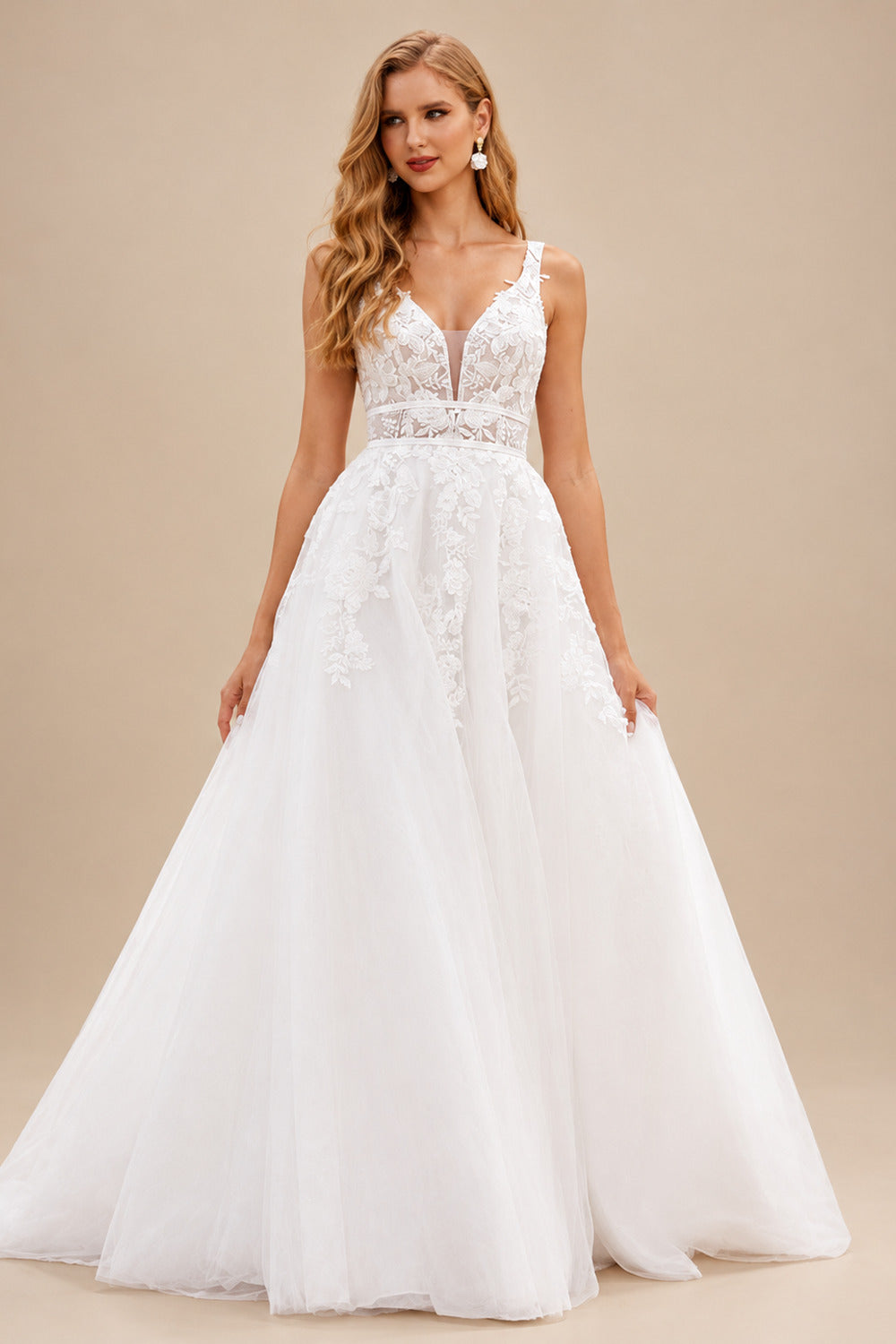 Rutipo Ivory Boho A-line Floral Lace Wedding Dress with Plunging V-neck Sheer Corset Bodice