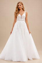 Rutipo Ivory Boho A-line Floral Lace Wedding Dress with Plunging V-neck Sheer Corset Bodice
