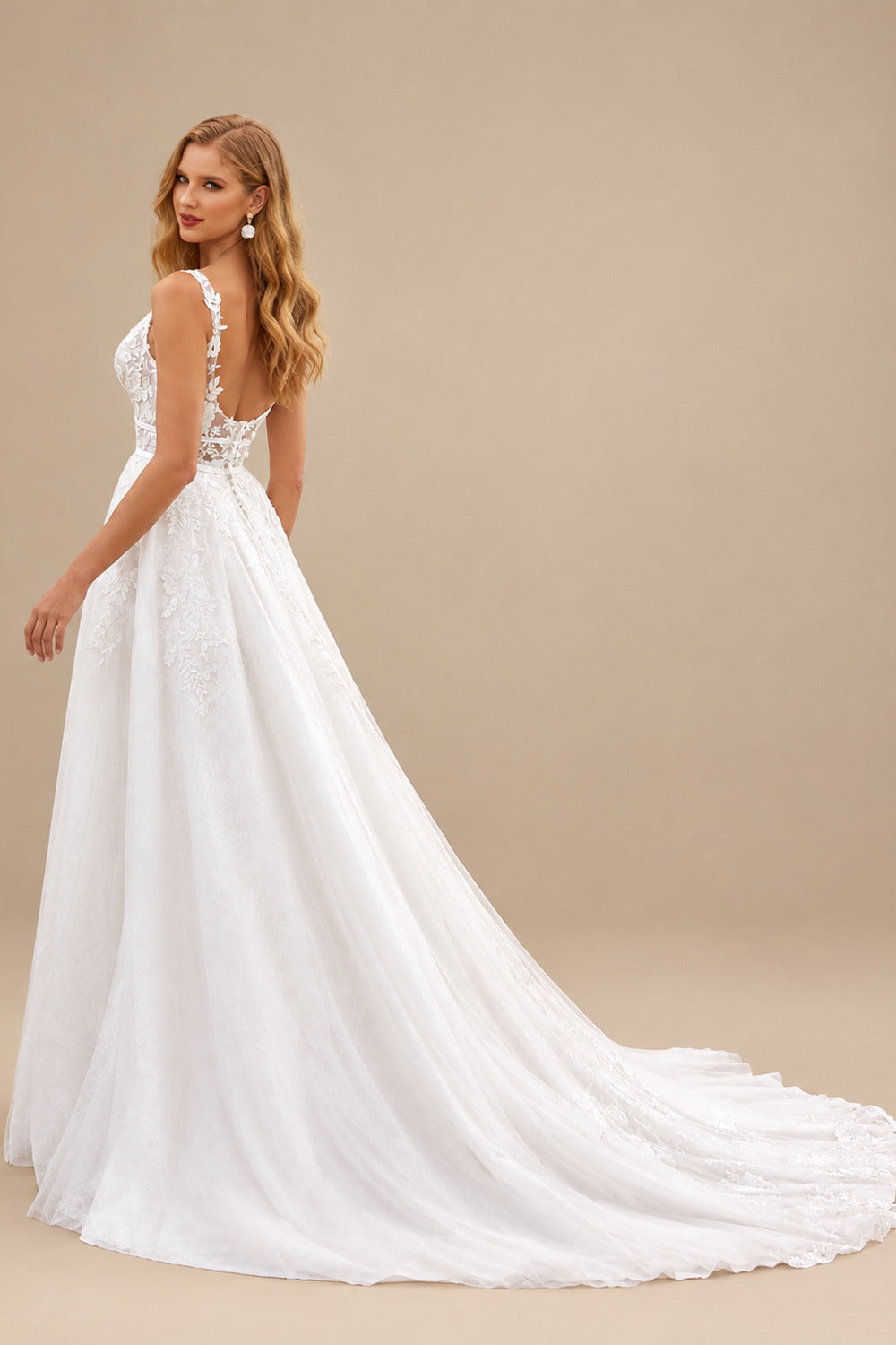 Rutipo Ivory Boho A-line Floral Lace Wedding Dress with Plunging V-neck Sheer Corset Bodice
