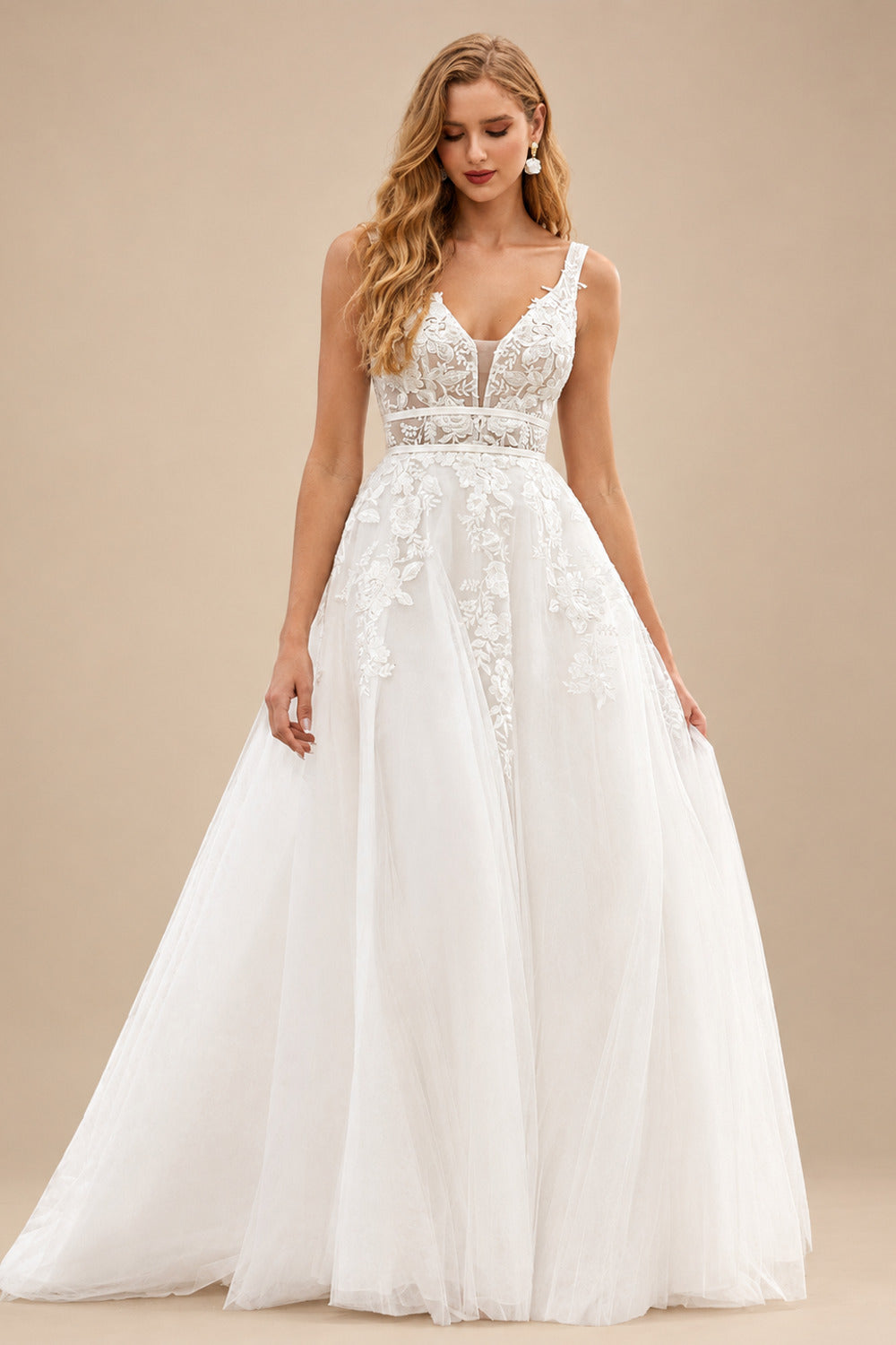Rutipo Ivory Boho A-line Floral Lace Wedding Dress with Plunging V-neck Sheer Corset Bodice