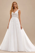 Rutipo Ivory Boho A-line Floral Lace Wedding Dress with Plunging V-neck Sheer Corset Bodice