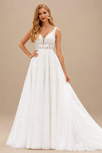 Rutipo Ivory Boho A-line Floral Lace Wedding Dress with Plunging V-neck Sheer Corset Bodice