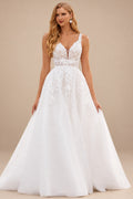 Rutipo Ivory Boho A-line Floral Lace Wedding Dress with Plunging V-neck Sheer Corset Bodice