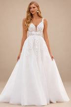 Rutipo Ivory Boho A-line Floral Lace Wedding Dress with Plunging V-neck Sheer Corset Bodice