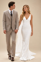 Rutipo Ivory Trumpet/Mermaid V Neck Elastic Satin Court Train Wedding Dress with Appliques Lace